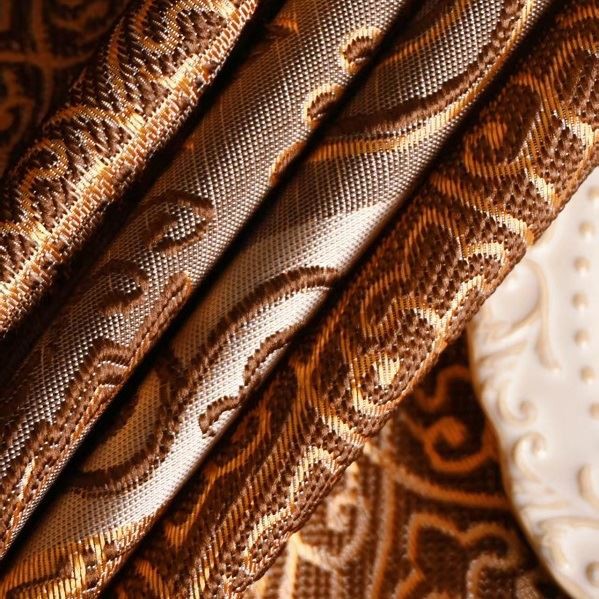 European Luxurious Dark Brown Gold Jacquard Curtain Fabrics high quality